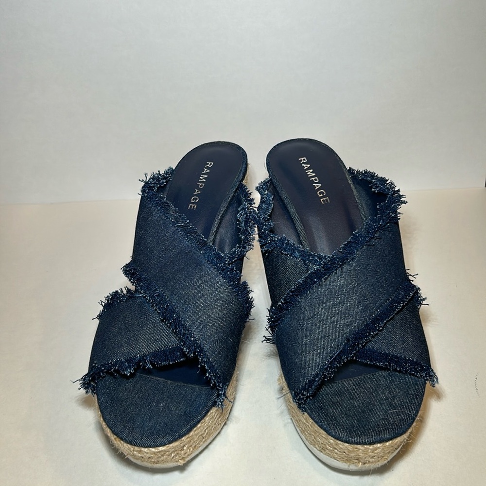 Navy Blue Denham wedges with fringe size 9. Brand is Rampage. White rubber sole